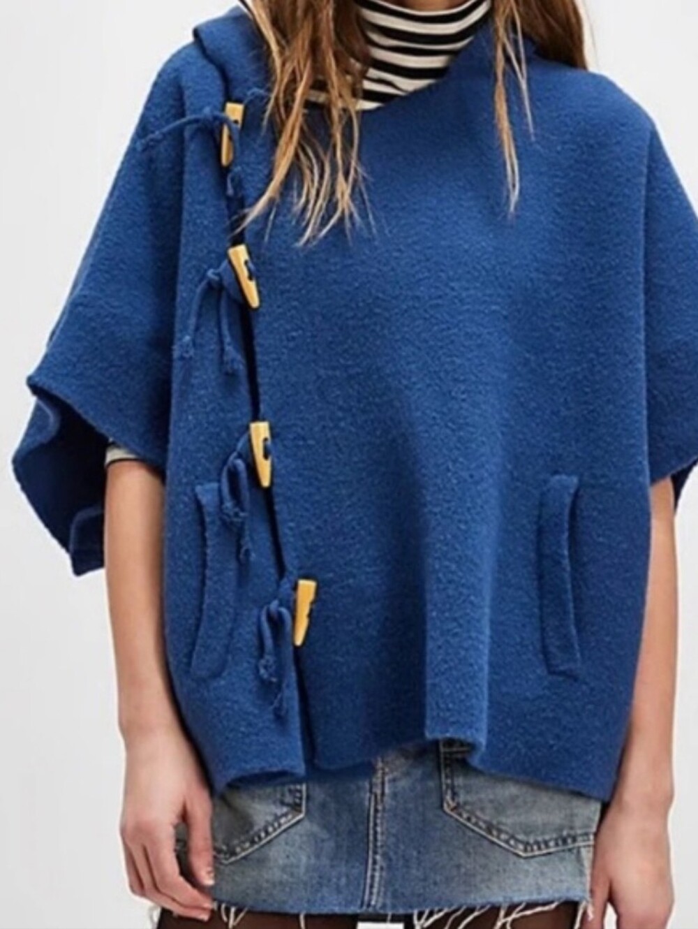 Free People Hooded Toggle Button Poncho Blue Cape Sweater NWT